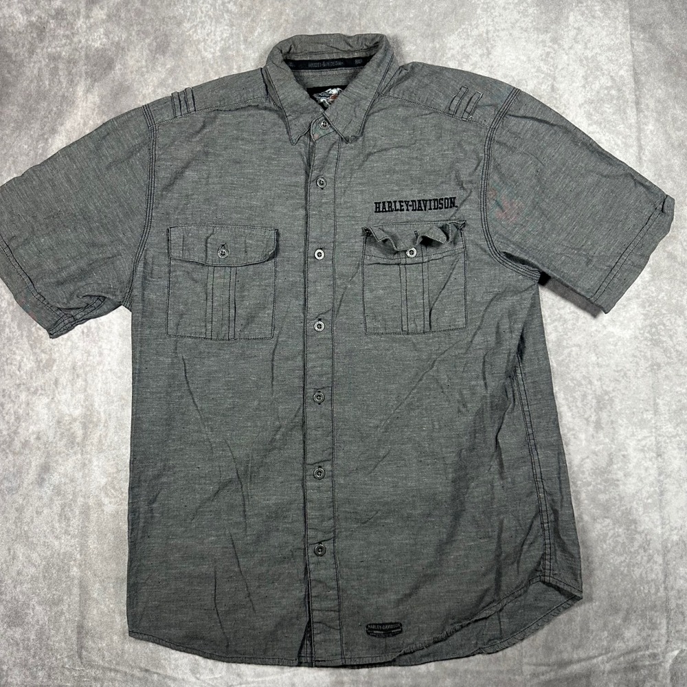 Harley-Davidson Mens Large Gray Cotton Linen Short Sleeve Button Down Shirt Logo
